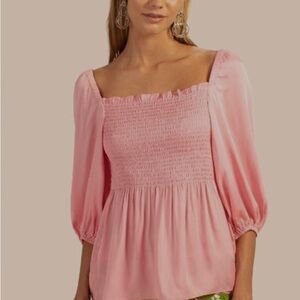 NWT Trina Turk Pink Silk Puff Sleeve Babydoll Blouse